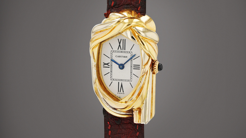 The Cartier Cheich’s elaborate case incorporates yellow, white, and rose gold.