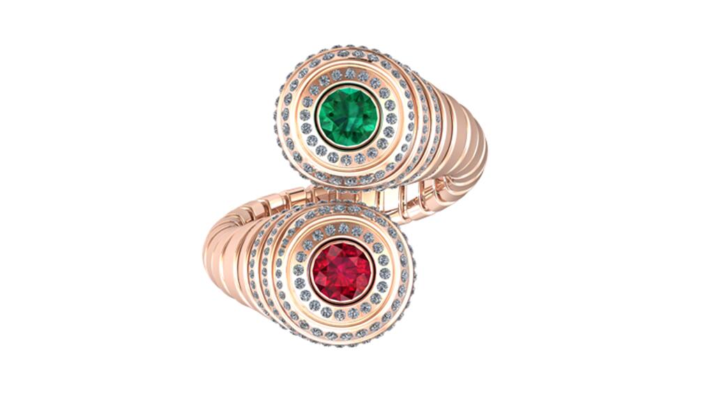 A rendering of a ring from Tariq Riaz’s “Duality” collection in 18-karat gold with emerald and ruby
