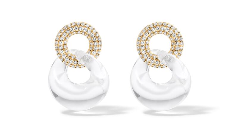 A pair of “Link” earrings with lab-grown diamond pavé in 14-karat yellow gold and “Claire” resin ($2,535) Alison Lou Lumière Pave Link Earrings