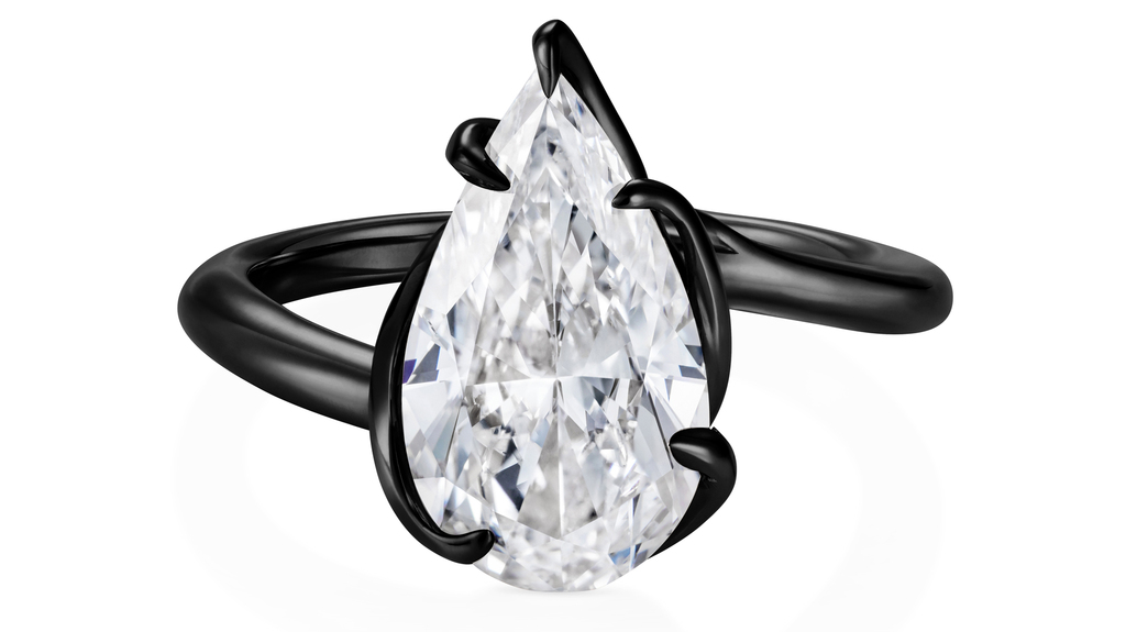 Thelma West “Rebel Black Ring” featuring a 5.01-carat pear-shaped, D-color diamond; $400,000. (Image courtesy of Sotheby’s)