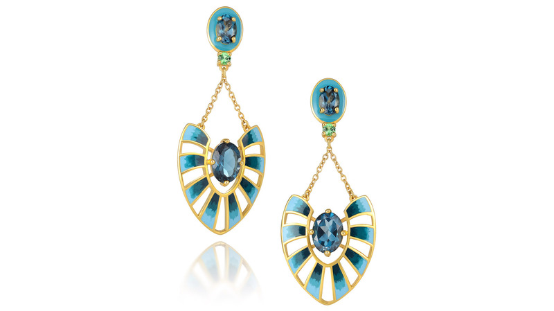 Supplier: Jewelry up to $2,000. Martha Seely Design, Designed by Martha Seely. 14-karat yellow gold dangle earrings with London blue topaz (4.6 total carats), chrome diopside, and enamel ($1,995)