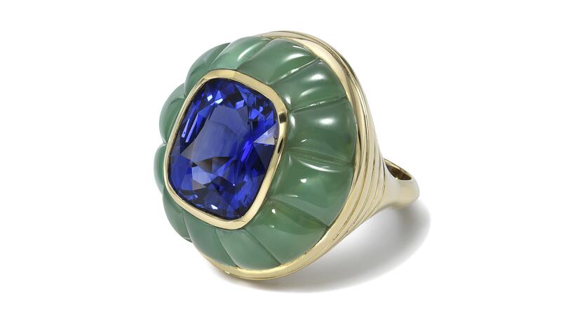 <a href="https://www.retrouvai.com/" target="_blank"> Retrouvaí </a> one-of-a-kind “Lollipop Ring” in 14-karat yellow gold with royal blue sapphire in chrysoprase (price upon request)