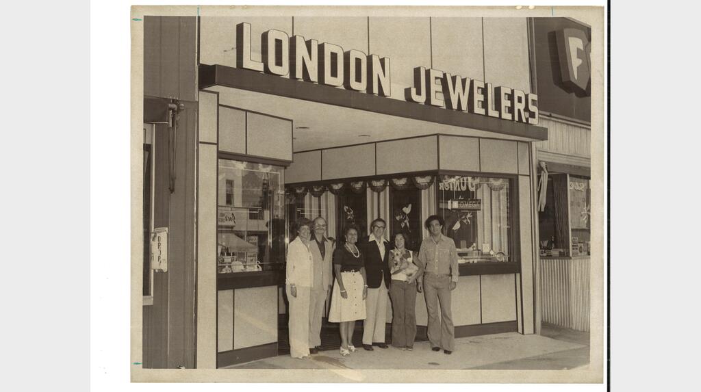 Candy and Mark Udell are pictured alongside Fran and Mayer (center) in the 1970s at the Glen Cove store. 20231018_RHOF-Udell-2b.jpg