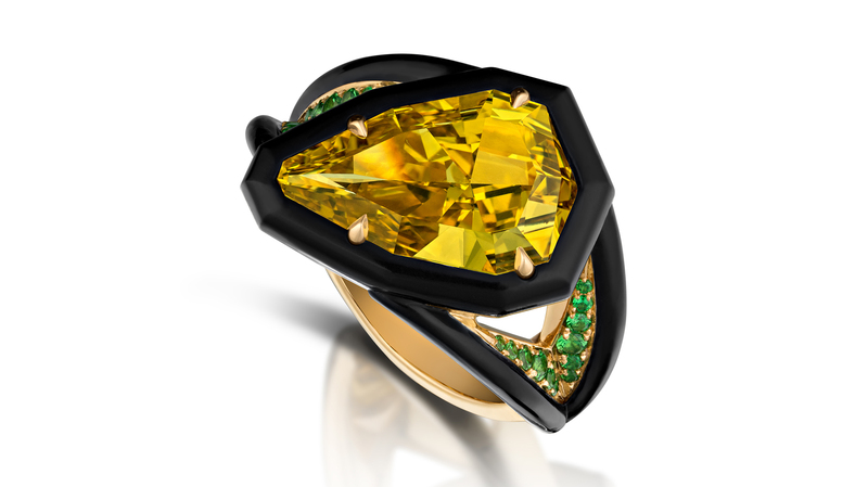 <b>Evening Wear, First Place.</b> Jeffrey Bilgore of Jeffrey Bilgore LLC’s 18-karat yellow gold and black ceramic ring featuring a 4.03-carat natural fancy deep yellow diamond accented with 15 tsavorite garnets (0.17 total carats)