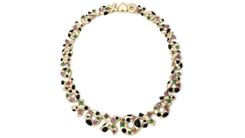 <a href="https://www.retrouvai.com/" target="_blank"> Retrouvaí </a> one-of-a-kind “XO”  necklace in 14-karat yellow gold with emerald, sapphires and onyx inlay (price upon request)