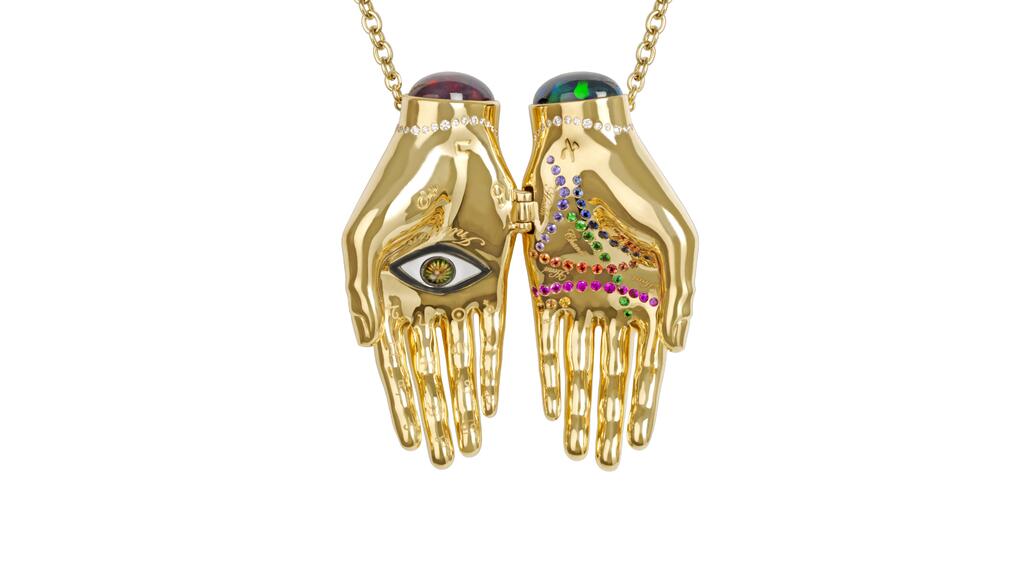 Alexandra Rosier 18-karat yellow gold Eternal Love Hands necklace with 6.7 carats of opals, 0.58 carats of sapphires, 0.5 carats of diamonds, and 0.08 carats of tsavorite garnet