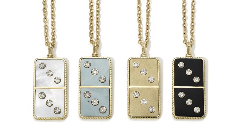 <a href="https://www.retrouvai.com/" target="_blank"> Retrouvaí </a> Domino pendants in 14-karat yellow gold with diamonds (price upon request)