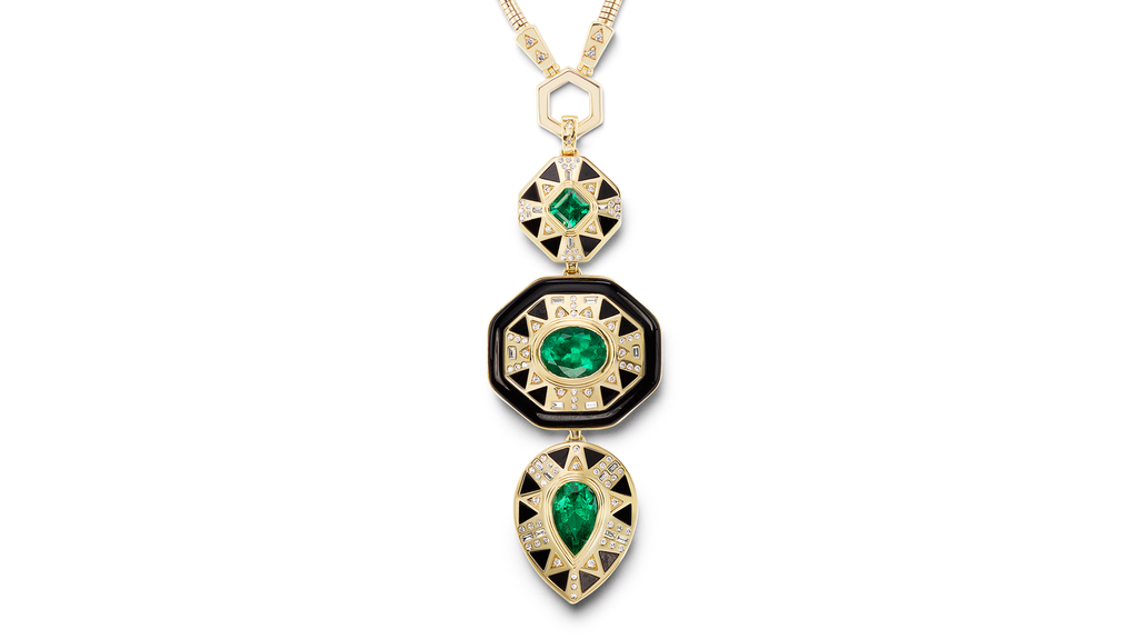 Harwell Godfrey’s “Cleopatra’s Vault Pendant and Snake Foundation Chain” in 18-karat yellow gold with Muzo emeralds, black and white onyx, and white diamonds; $115,050. (Image courtesy of Sotheby’s)