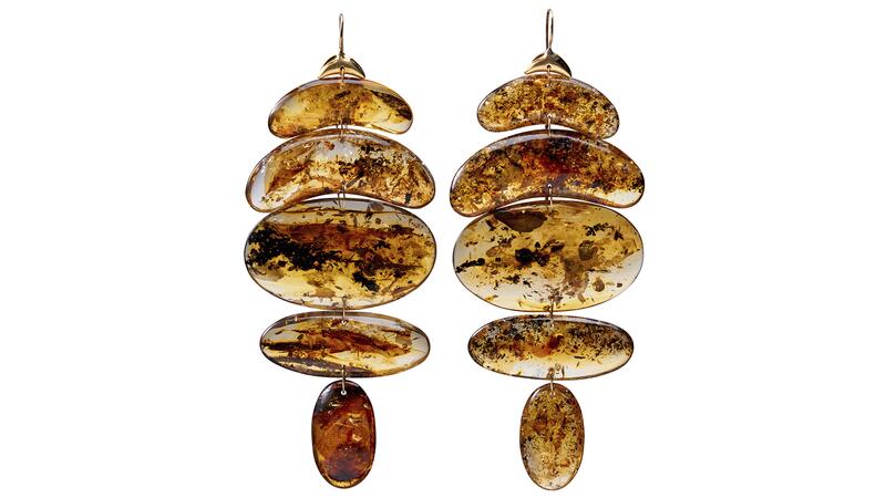 <a href="https://www.tenthousandthingsnyc.com/" target="_blank"> Ten Thousand Things </a> XL Totem Earrings featuring hand-cut amber in 18-karat gold ($4,195)