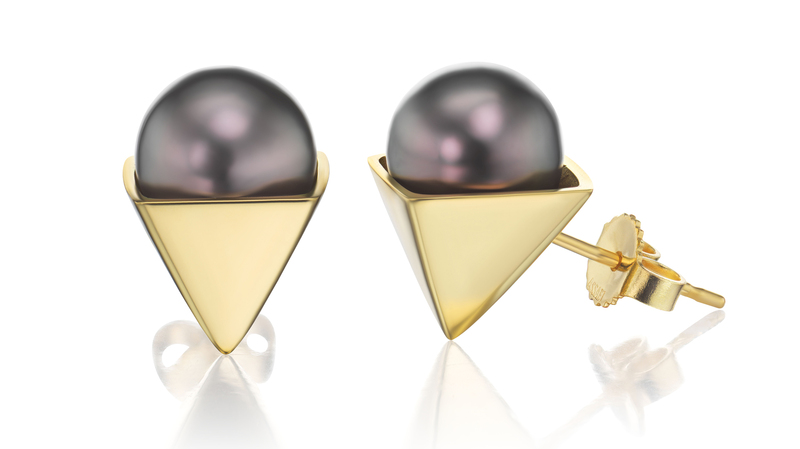 <a href="https://assael.com/product-category/collaborations/sean-gilson-for-assael/" target="_blank">Sean Gilson for Assael</a> “Geometrix Collection” pyramid stud earrings with a single Tahitian natural color cultured pearl in 18-karat yellow gold, sold individually ($980 each, $1,960 for pair)