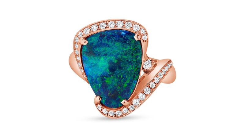 Retailer: Jewelry $2,001 to $5,000. Avianti Jewelry Designs, Designed by Ani Babayan and Avedis Babayan. Australian boulder opal ring (6.05 carats) with pavé-set round diamonds (0.30 total carats) set in 14-karat rose gold ($3,678)