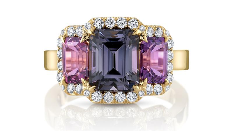 <a href=" https://omiprive.com/" target="_blank"> Omi Privé</a> 18-karat yellow gold ring featuring 3-carat emerald-cut gray spinel accented by lavender spinels and round diamonds ($15,000)