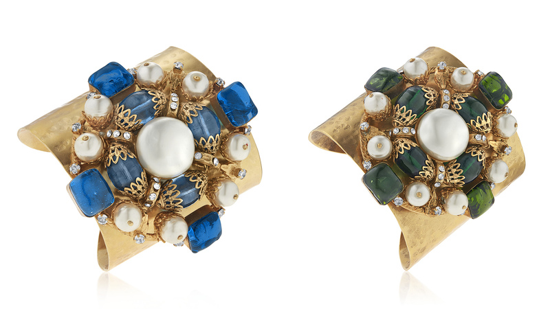 These costume Chanel cuffs featured Gripoix glass and beads, rhinestones and imitation pearls set in gilt metal. The pre-sale estimate is $4,000 to $6,000. (Photo credit: Christie’s Images Ltd. 2023)