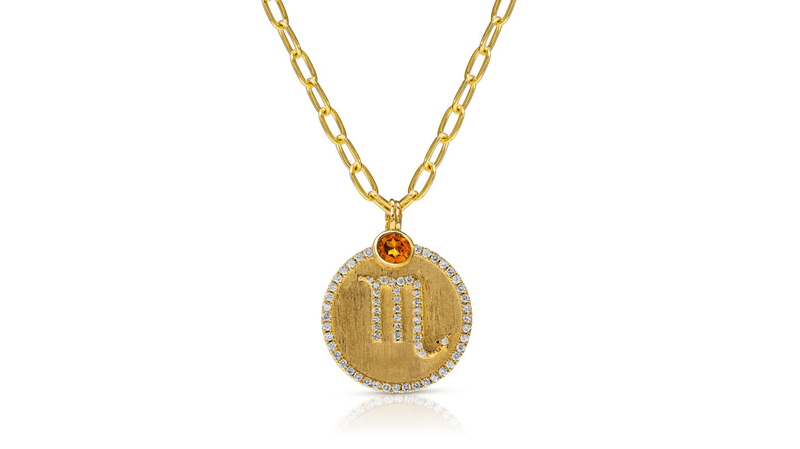 <a href="https://annesisteron.com/products/14kt-yellow-gold-diamond-zodiac-scorpio-medallion-charm" target="_blank"> Anne Sisteron</a> 14-karat yellow gold and diamond Scorpio zodiac medallion with a citrine charm ($2,475)