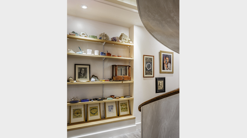 The spiral staircase leads to a lower level that houses the Seaman Schepps historical archive, including original jewelry sketches.