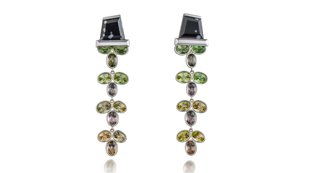 Earrings with snowflake obsidian pots and tourmaline flowers set in platinum ($24,900)