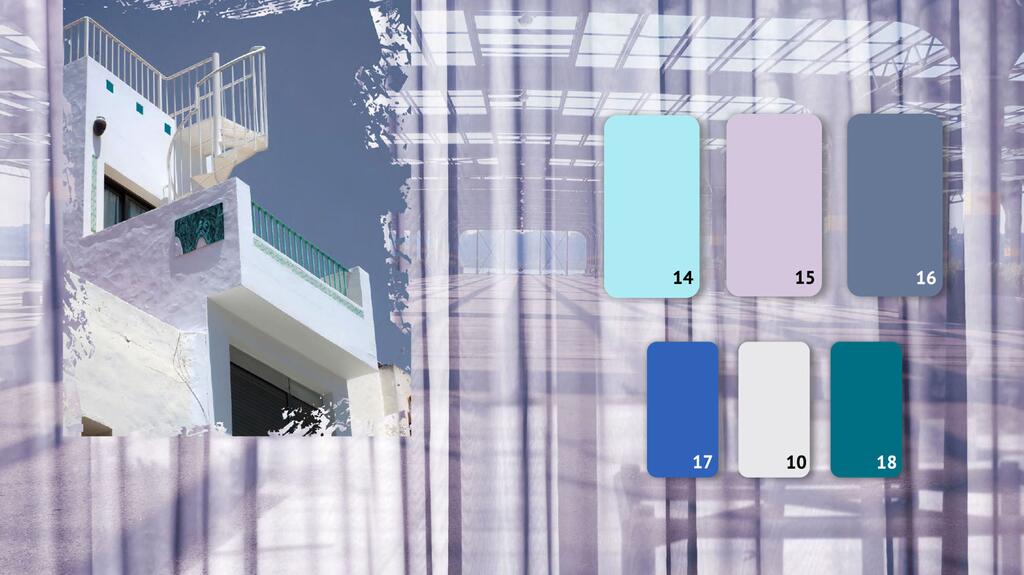 This color story features sky blue, lavender, and smoky blue, contrasted with bright blue, light silvery gray, and a teal. Nora Kühner summer 2027 colors bubbles and wide open spaces