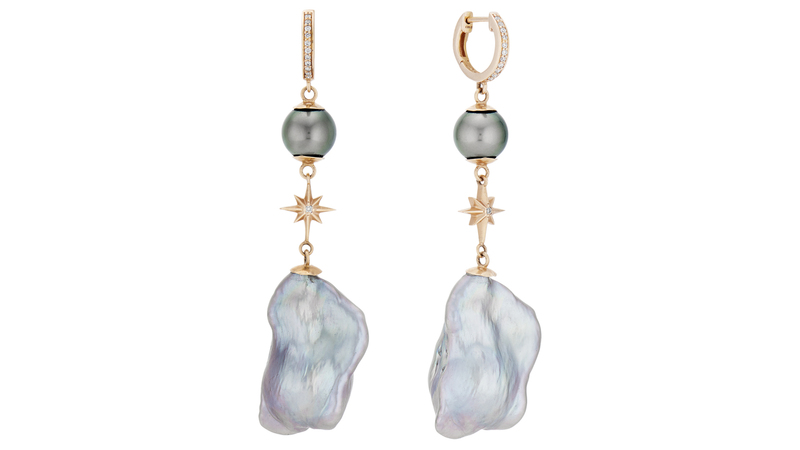 <a href="https://www.marlolaz.com/" target="_blank">Marlo Laz</a> “Elixir” drop earrings in 14-karat yellow gold with Tahitian baroque pearls and diamonds ($3,300)