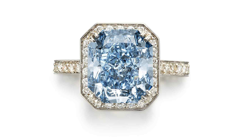 The top lot in Sotheby’s New York auction was this 6.11-carat cut-cornered rectangular modified brilliant fancy intense blue diamond ring. It went for $8 million, well above its $4.5 million-$6.5 million pre-sale estimate.