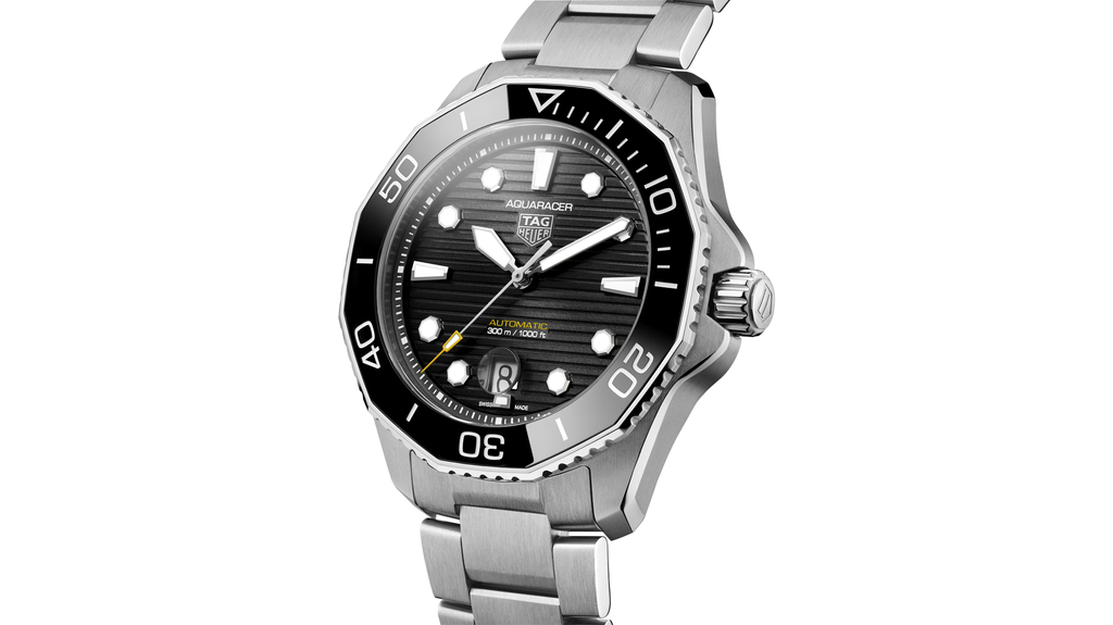 A 43mm diameter Aquaracer Professional 300 with stainless steel case and black ceramic dial ($3,000). It also comes with a blue dial with blue ceramic bezel, or silver dial with black ceramic bezel. A 43mm diameter Aquaracer Professional 300 with stainless steel case and black ceramic dial ($3,000). It also comes with a blue dial with blue ceramic bezel, or silver dial with black ceramic bezel.
