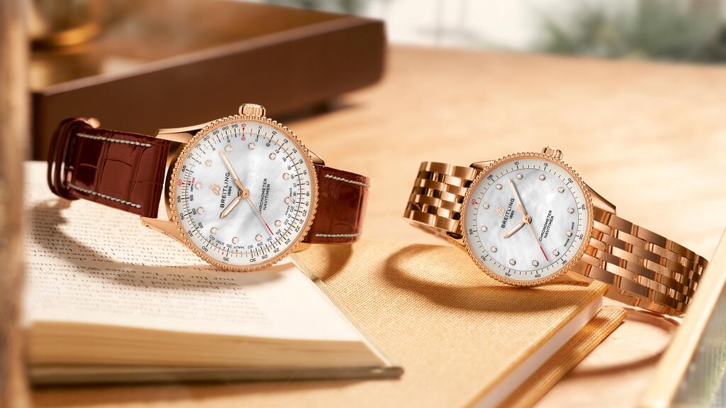 Breitling Navitimer 36 in rose gold with alligator leather strap and Breitling Navitimer 32 in 18-karat rose gold with rose gold bracelet