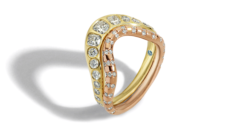 The “Archery” bridal stack featuring 18-karat yellow gold ring with diamonds (price available upon request) and 18-karat rose gold ring with diamonds ($7,245)