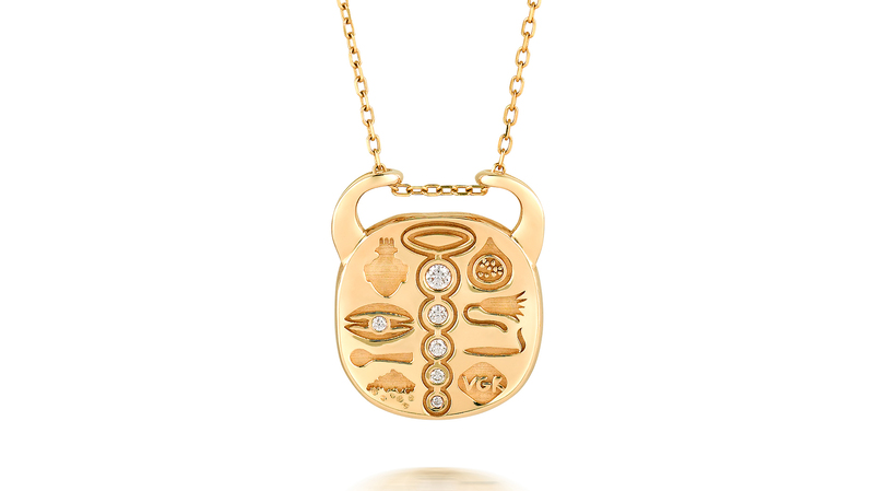 LoveGlyphs “Little Devil” talisman in 18-karat yellow gold with white diamonds ($5,790 with chain sold separately)