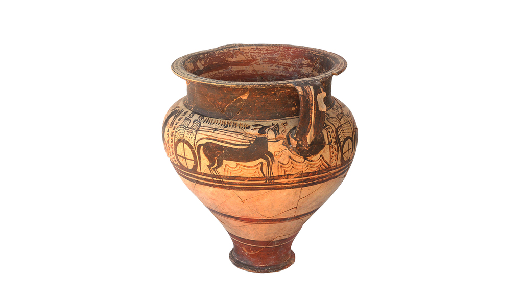 This large ceramic vessel, crafted in Greece circa 1350 BCE, is decorated with painted scenes of horse-drawn chariots, individuals carrying swords, animals and flowers. (Image courtesy of Peter Fischer and Teresa Bürge)