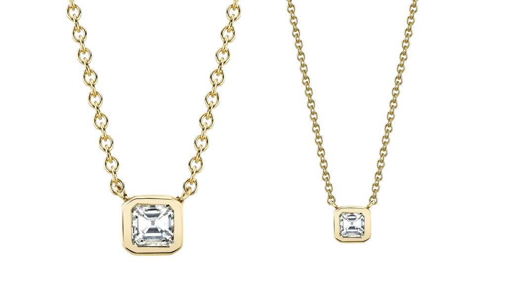 “Mom + Mini” pendants with Asscher-cut diamonds in 18-karat yellow gold in a large and small size, perfect for two loved ones to wear.