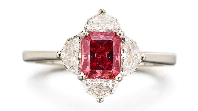A 1.03-carat cut-cornered rectangular set-cut fancy red diamond ring that went for $2 million