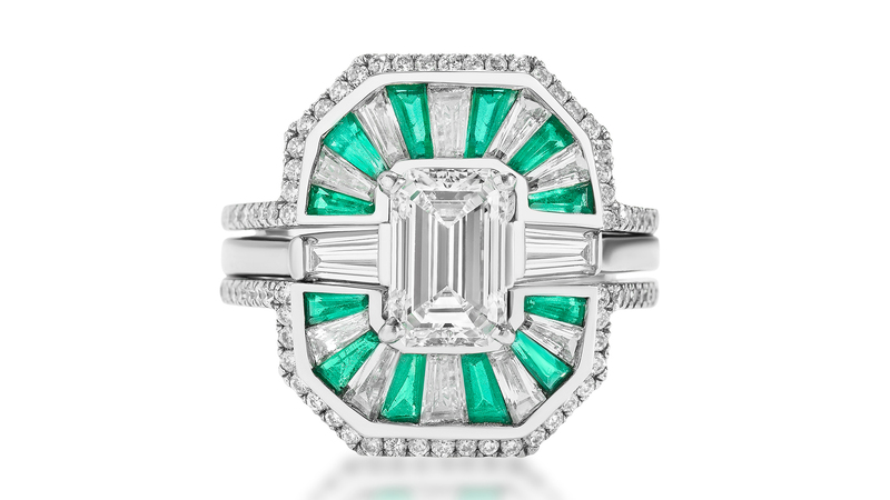 Platinum, diamond, and emerald ring and ring jacket (price available upon request)