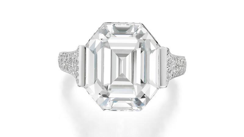 Bonhams 9.05-carat step-cut diamond ring with pave shank