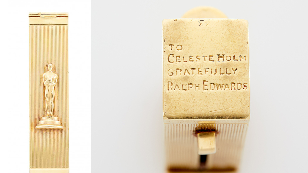 This 14-karat gold lipstick holder features an Oscar statuette. Holm won an Oscar for Best Supporting Actress for “Gentleman's Agreement” in 1947. This 14-karat gold lipstick holder features an Oscar statuette. Holm won an Oscar for Best Supporting Actress for “Gentleman's Agreement” in 1947.