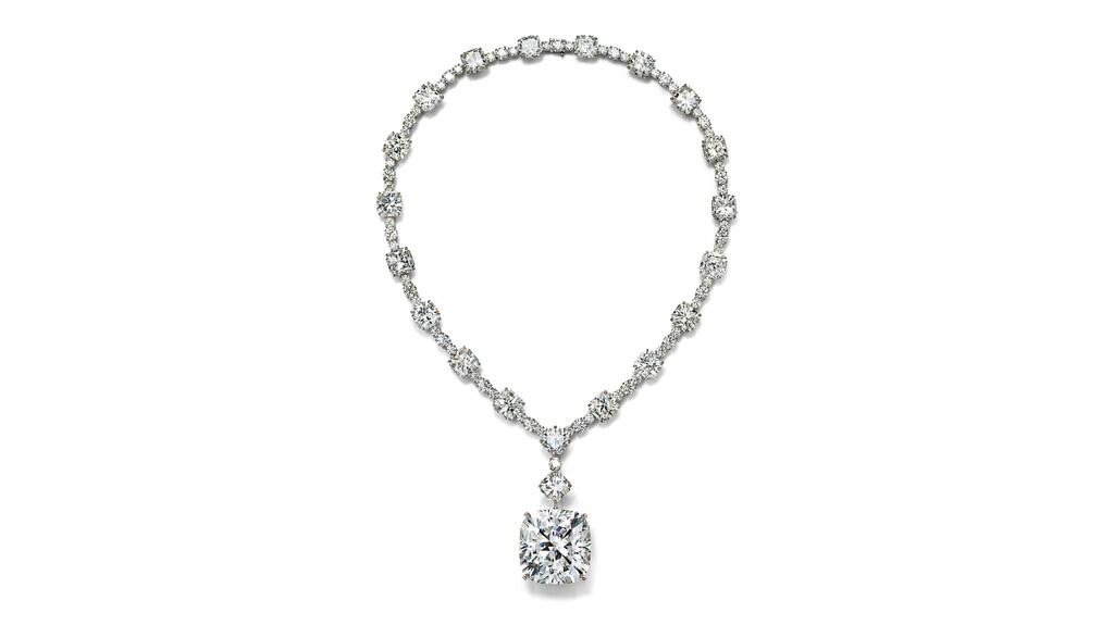 The “Lucida Star” necklace was created in 2012 as a setting for the Tiffany Diamond. Now it houses a white diamond cut to the Tiffany Diamond’s exact proportions.