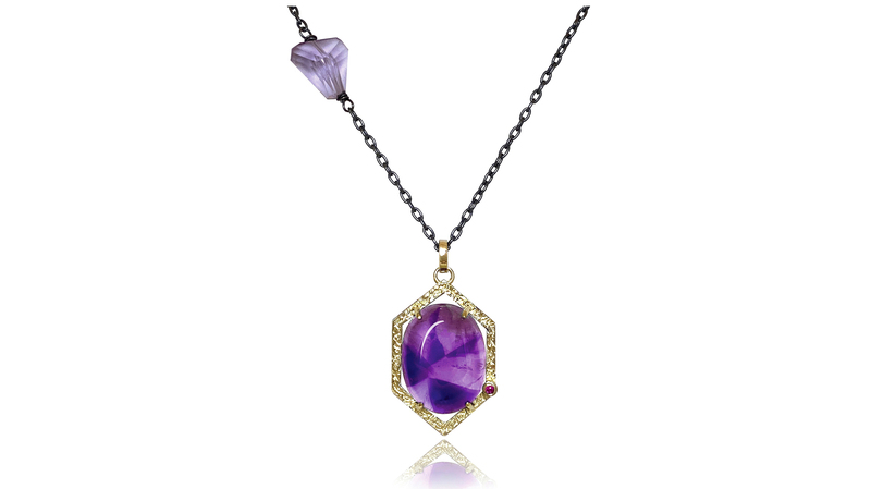 <a href="https://www.k-mita.com/" target="_blank">K. Mita</a> “Purple Passion Necklace” with amethyst, pink sapphire, and faceted amethyst bead set in 14-karat yellow gold on an oxidized sterling silver chain ($1,055)