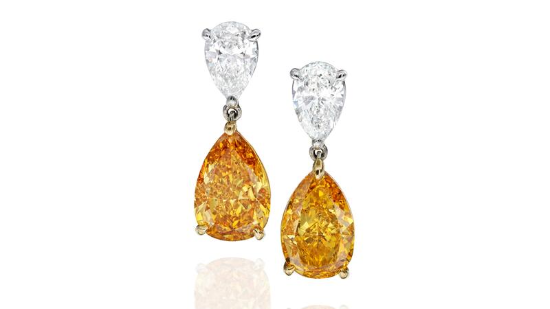 Bonhams fancy intense orange-yellow pear-shaped diamond earrings