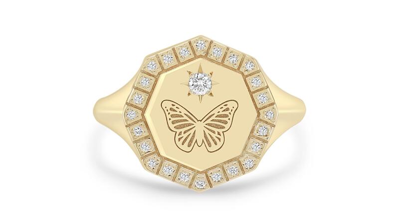 Cynthia Erivo x Zoe Chicco Pave Diamond Butterfly Engraved Octagon Signet Ring
