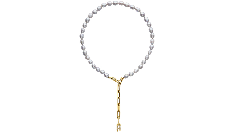 <a href="https://uniformobject.com/" target="_blank">Uniform Object</a> heavy metal pearl lariat with smoke pearls in 18-karat yellow gold ($7,950)