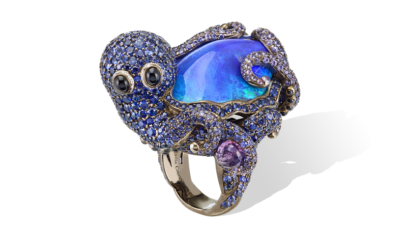 <a href="https://www.lydiacourteille.com/" target="_blank">Lydia Courteille</a> octopus ring with opal surrounded by sapphires and diamonds set in 18-karat gold with black rhodium (price upon request)