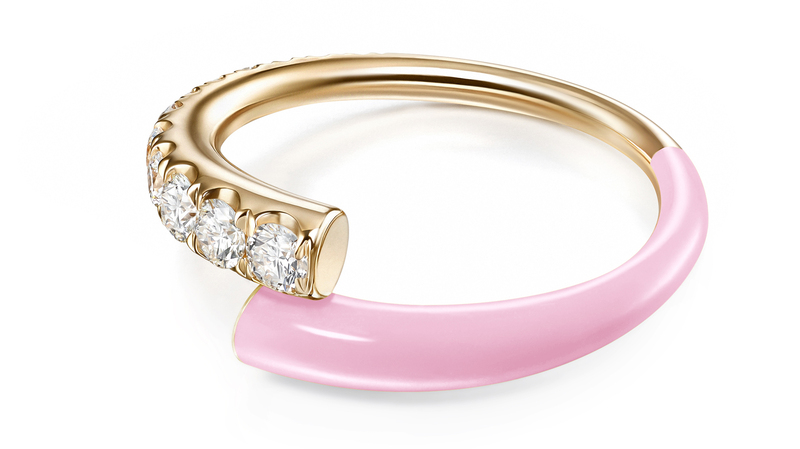 The Lola ring in 18-karat yellow gold with Marissa Pink enamel and diamonds
