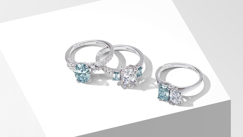 Monique Lhuillier Bliss lab-grown blue diamond engagement rings