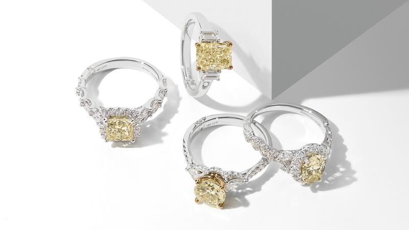 Monique Lhuillier Bliss lab-grown yellow diamond engagement rings