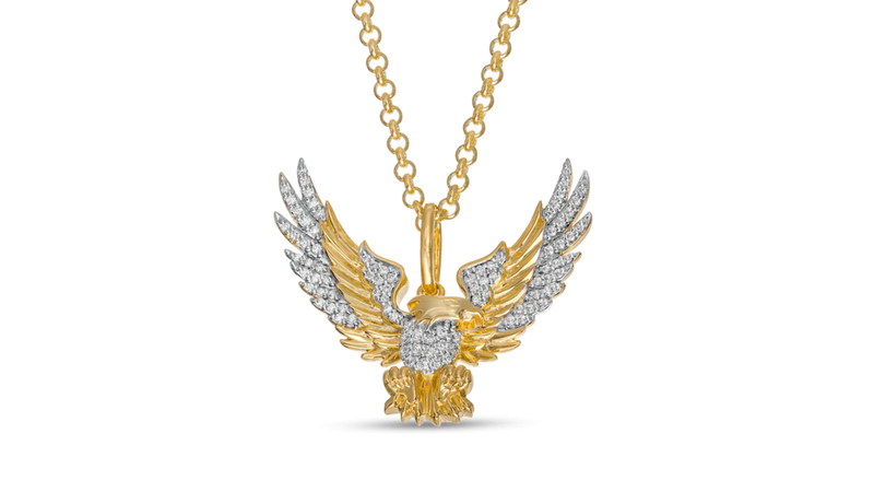 This 10-karat yellow gold men’s diamond eagle pendant on a rolo chain ($1,629)  from the Elvis Presley Collection is an ode to the wearer’s “independent and fiery spirit,” said Kay.