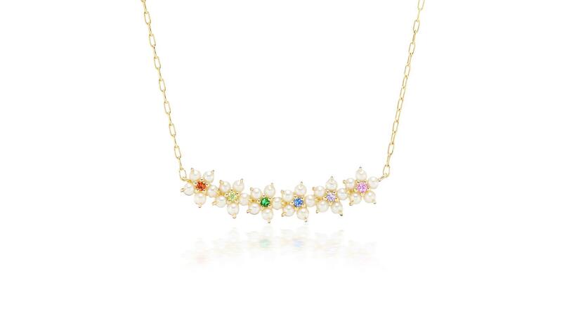Jane Taylor gold floral bar necklace with pearls, sapphires and tsavorites