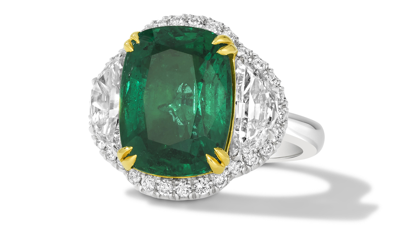 The “Dorothy” platinum and 18-karat Honey Gold ring with cushion-cut, non-enhanced 7.93-carat Costa Smeralda emerald from Zambia, with 1.99 carats of near colorless Vanilla Diamonds ($295,050)