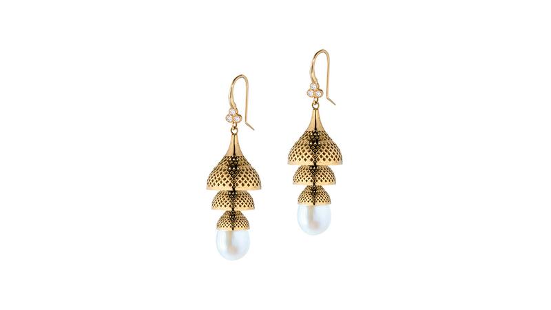 Ray Griffiths 18-karat yellow gold large Crownwork finial pagoda earrings
