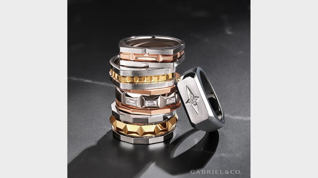 Rings in the new men’s fine jewelry line are available in sterling silver and 14-karat gold.