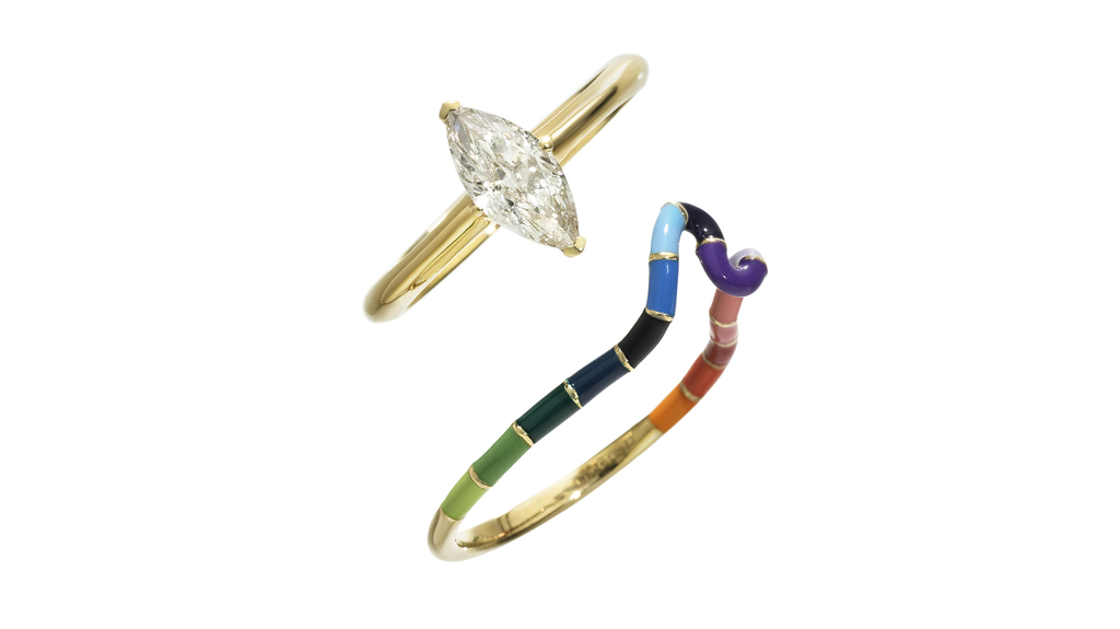 Bea Bongiasca’s “Rainbow” ring stack can be worn separately or nested together.