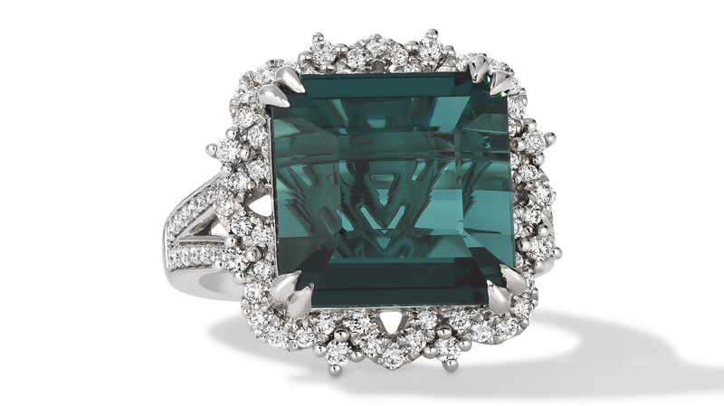 The “Presley” ring with 12.09-carat “Hunters Green Tourmaline” and 0.57 carats of Vanilla Diamonds in platinum ($30,448)
