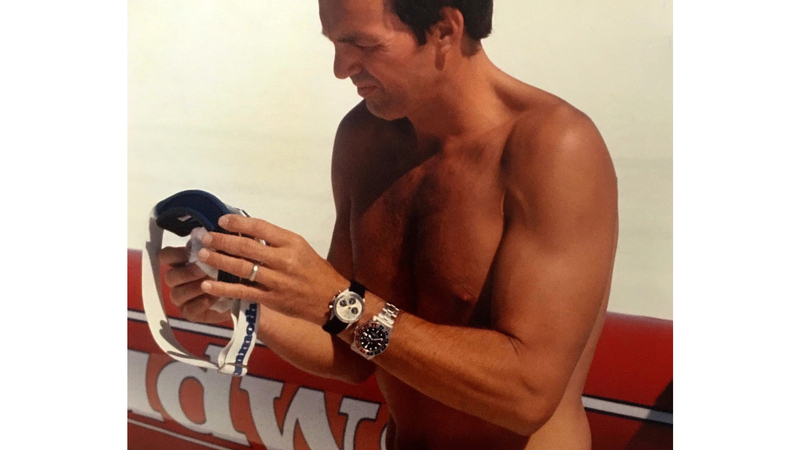 Stan Barrett wearing the two Rolexes from Paul Newman after his race in the Budweiser Rocket Car in 1979. (Photo courtesy of Stan Barrett via Sotheby’s)
